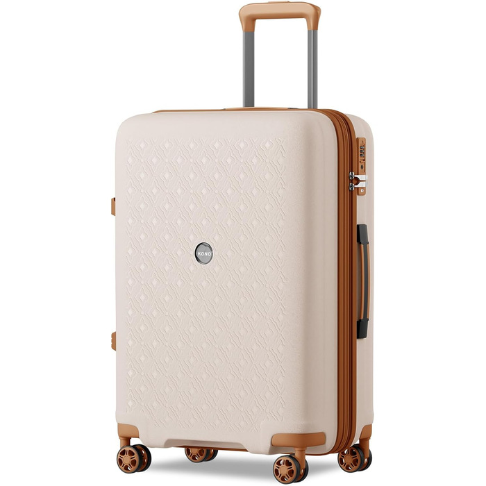 Чемодан ручної поклажі KONO з тримачем для напоїв, жорсткий, легкий, з поліпропілену, розширюваний, з 4 колесами та TSA замком (кремовий/коричневий, XL)