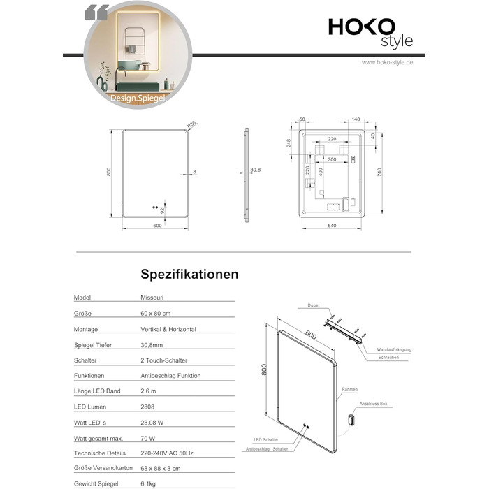 LED дзеркало для ванної кімнати HOKO Texas 60x80 см / 80x60 см з підсвічуванням, протитуманним покриттям та чорним металевим каркасом. Можливість встановлення вгору та вбік. Сенсорне керування + світло, регулювання кольору 2700-6500K (тепле, холодне, нейт