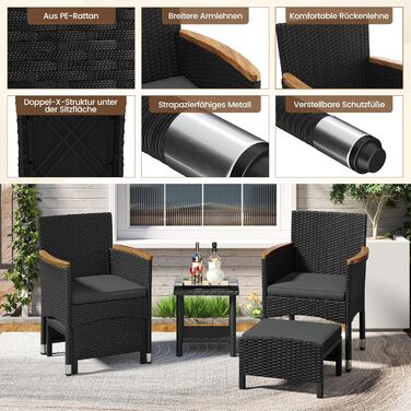 Садовий набір меблів Yaheetech 5 предметів: 2 крісла, 2 пуфи, столик для балкона та тераси (чорний та сірий)