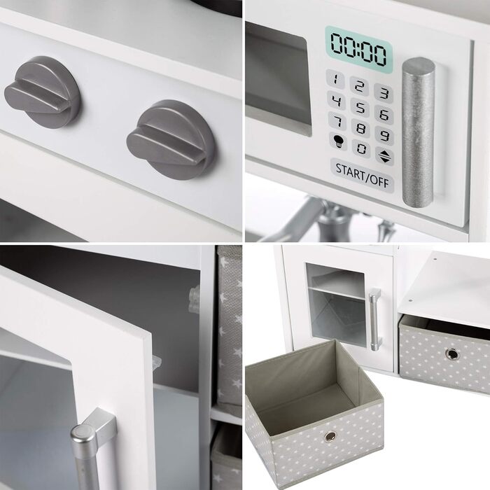 Дерев'яна дитяча кухня Kinderplay з LED та звуками приготування їжі, регульована висота 92–107 см, ігровий набір для дітей від 3 років, повний комплект з аксесуарами, світло-сірий колір (Vintage - White)