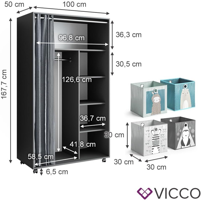 Шафа Vicco Doros, 100 х 168 см відкрита, з коліщатками (100 х 168 см з відкидними ящиками, сіра)