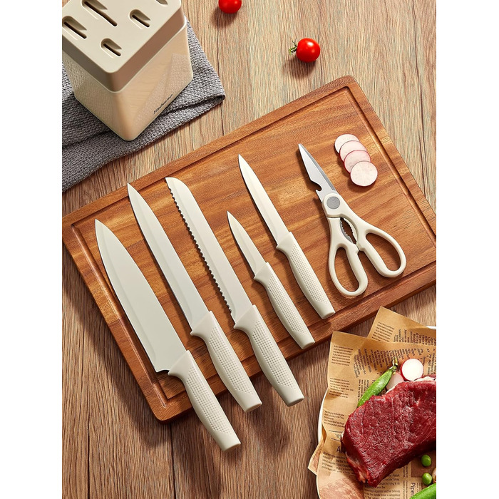 Набір кухонних ножів Yabano 7 предметів з підставкою та точилкою, кухонний набір з пластиковою підставкою (білий)
