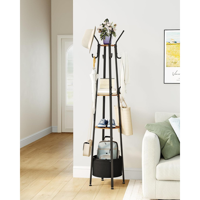 Вішалка для одягу Hzuaneri з великим кошиком для зберігання, 3 полиці, 16 гачків, 182,5 см, коричнево-чорна CR27301B
