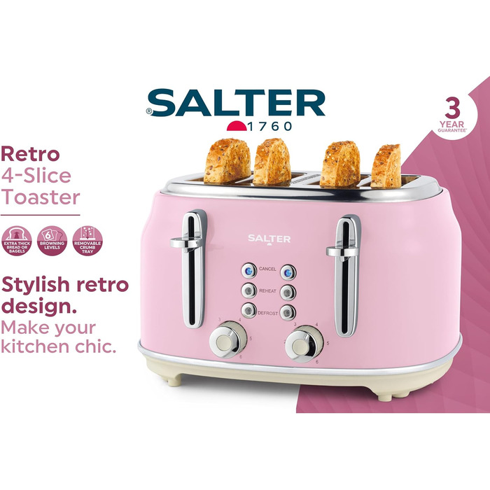 Тостер SALTER Retro на 4 скибки, рожевий, 1630 Вт, широкі отвори, 6 режимів підсмажування, функції розморожування, підігріву, відміни, знімний піддон для крихт, автоматичне центрування