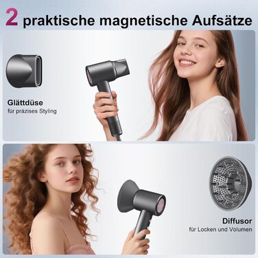 Професійний фен для волосся 1600W з безщітковим двигуном 110,000 об/хв, 200 млн іонів та дифузором, компактний дорожній фен, сірий