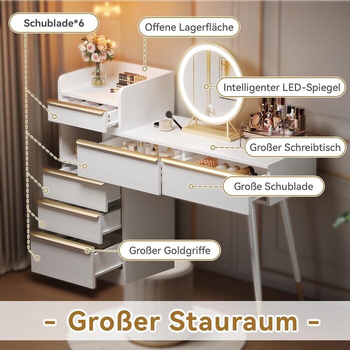 Туалетний столик Merax з дзеркалом та LED-підсвіткою, з поличкою, 6 висувних ящиків, золоті ручки, білий, 102x100x41.5 см (без табуретки)