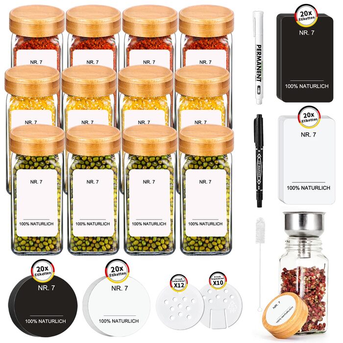 Набір бамбукових кришок для спецій | 12 скляних контейнерів для спецій з бамбуковими кришками | Організатор спецій для кухні | 120 мл