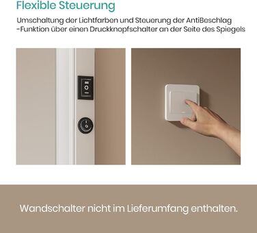 Дзеркало для ванної кімнати EMKE з підсвічуванням 120x60 см, тепле біле світло 3000K, вбудований вимикач, антизапар, 2 кольори світла