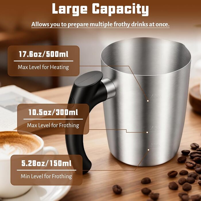 Електричний спінювач молока 5-в-1 з нержавіючої сталі, 500 мл, знімний контейнер, контроль температури, для гарячого та холодного молока, капучино, лате