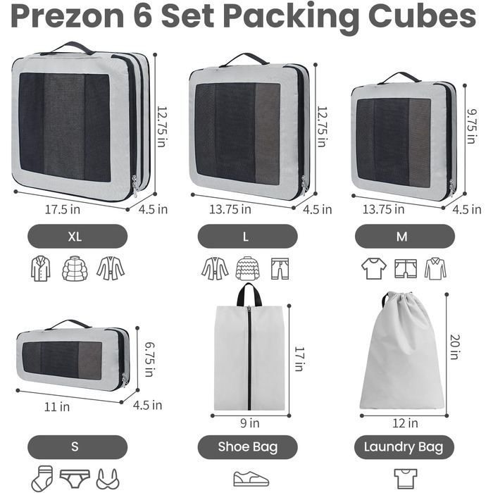 Набір компресійних органайзерів для подорожей з сіткою, розширювані пакувальні куби для одягу в валізу, сірі, 6 предметів