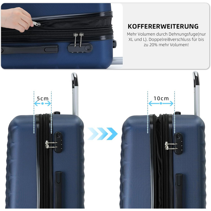 Набір дорожніх валіз BEIBYE з 4 предметів, твердий корпус, 4 подвійних колеса, комплект багажу для подорожей (Темно-синій)