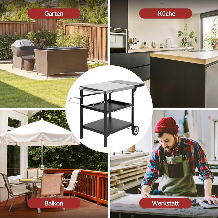 Набір для гриля Royal Gourmet: стіл-візок з 3 ярусами, стільниця з нержавіючої сталі 70x50 см та бічна полиця 30x50 см, для дачі та саду