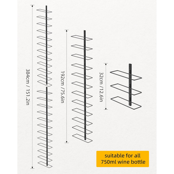 Настінна полиця для вина TJ.MOREE на 12 пляшок, дерев'яний винотримач для кухні, бару та їдальні, чорний комплект 8 шт.