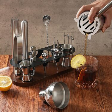 Набір бармена на 23 деталі з підставкою: шейкер, сито, ложка, мадлер. Ідеально для дому, бару, вечірки. (Шоколадний)