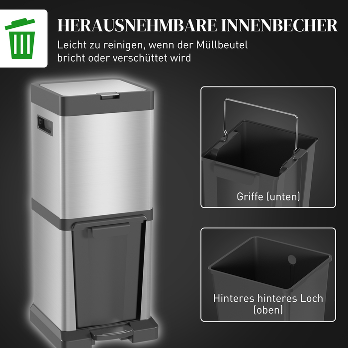 Сміттєвий відер з педаллю та розділенням 20+14 л, нержавіюча сталь, з кришкою та вийманими внутрішніми контейнерами, 32,5 x 31,5 x 78 см, сріблястий