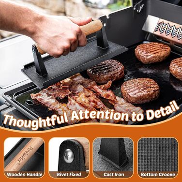 Пресс для бургерів Freelander з чавуну, набір для розчавлювання бургерів (Ø 17.6 см, 20.5 см), прес для гриля з термостійкою ручкою, великий бургерний прес для BBQ, стейків, сендвічів (чорний, прямокутний)