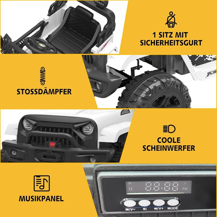 Дитячий електромобіль 12V з пультом, амортизацією, LED, Bluetooth, 2 швидкості, для дітей 3-8 років, білий