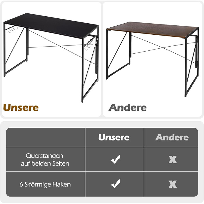 Складаний стіл COSTWAY, розкладний стіл 100 x 50 см з 6 гачками та металевим каркасом, компактний комп'ютерний стіл Промисловий робочий стіл для домашнього офісу, вантажопідйомність 115 кг (чорний)