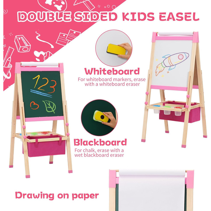 Дитяча мольберт-дошка Maltafel рожевого кольору з сумкою, регульована висота, двосторонній, з рулоном паперу, для дітей від 4 років