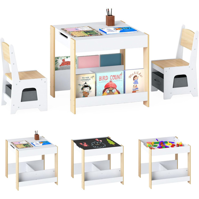 Детский стол со стульями COSTWAY 3 в 1, деревянная мебель для детей от 3 лет с откидной столешницей, полкой и ящиками