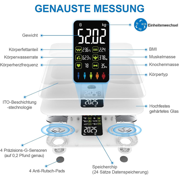 Шкала жиру в організмі Lepulse Lescale F4, ваги для ванної кімнати з аналізом тіла, 15 вимірювань, великий дисплей (білий)