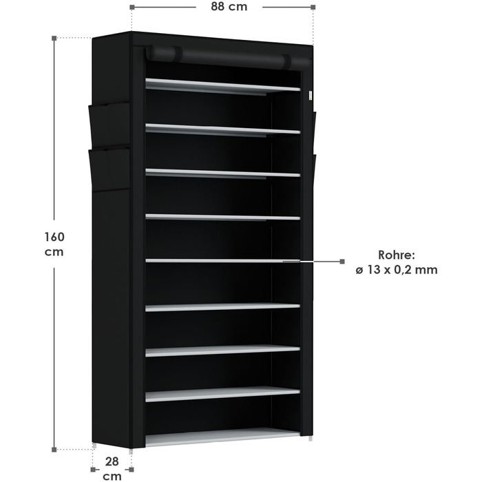 Тумба для взуття Juskys L 9 рівнів, закрита полиця для взуття на 45 пар, тканинне водовідштовхувальне покриття, тканинна шафа для зберігання взуття з вставною системою (Велика, чорна)