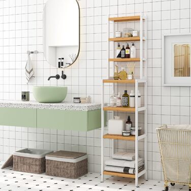 Стелаж для ванної кімнати та кухні FOREHILL з 7 полицями (160x36x28 см) - бамбук та білий