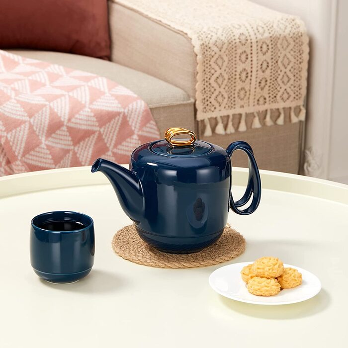 Порцеляновий чайник з ситовою вставкою, керамічний чайний сервіз з спіральною ручкою для розсипного чаю, 1000 мл розкішний чорний гладкий керамічний чайник із золотим оздобленням для подарунків (06-темно-сині чайники / 4 чашки)