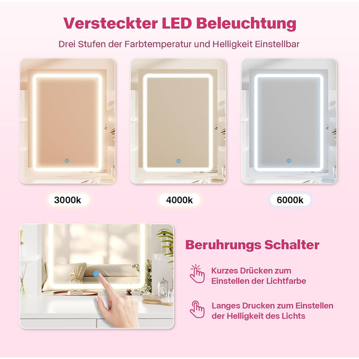 Трюмо Airfish з підсвічуванням 108x40 см: стіл для макіяжу з дзеркалом, 2 шухляди, 3 кольори, регулювання яскравості, для спальні/вітальні (білий)