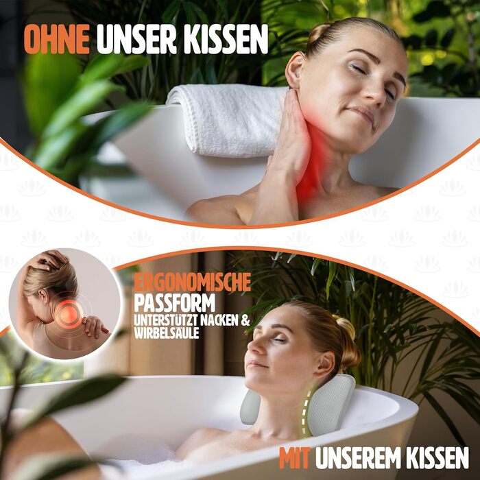 Подушка для ванни сірого кольору – преміум якість, 4 надміцні присоски, ергономічна форма для шиї та спини, інтегрований гачок