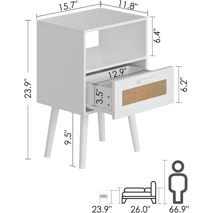 Приліжкова тумбочка HEYZOEY біла з ящиками з ротанга, дерев'яний акцентний столик з місцем для зберігання для спальні