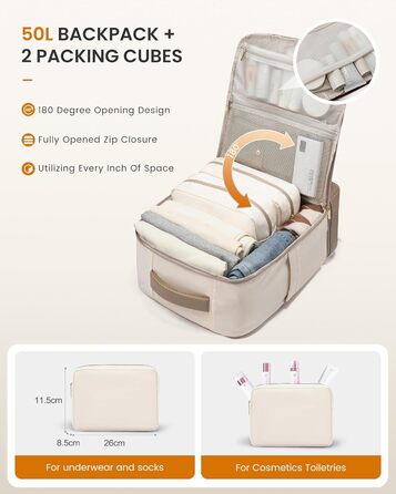 LOVEVOOK Рюкзак для ручної поклажі з окремим відділенням для взуття, 40L рюкзак для жінок, великий, з відділенням для мокрого та сухого, Travel Backpack, Carry On Luggage для подорожей (Бежевий, Хакі, 50L)