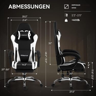 Ігровий крісло Dowinx з підніжкою та масажем попереку. Ергономічне, комфортне, з підголовником. Ідеально для офісу, дому, стрімінгу та тривалих ігрових сесій, біле.