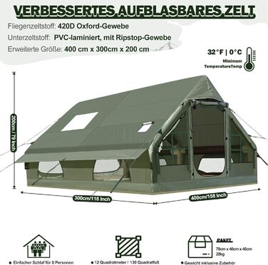 Надувний кемпінговий намет Oxford 420D для 7-10 осіб з насосом, водонепроникний (3000 мм), 4 сезони, з вікнами-москітними сітками та димоходом 400x300x200 см