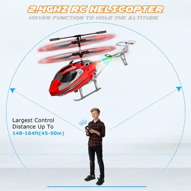 Радіокерований гелікоптер Hubschrauber 2.4G з LED підсвіткою для хлопчиків та дорослих (від 12 років), 3.5 канали, гіростабілізатор, фіксована висота, автоматичний зліт, червоний