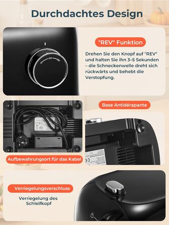 М'ясорубка електрична Fohere 2000 Вт з насадками для ковбас та кубів, 3 диски (3/5/7 мм), чорна