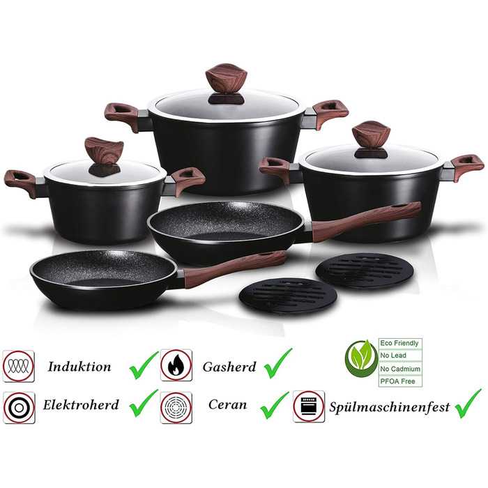 Набір каструль Melody Pot Set 10 шт. Високоякісний литий алюмінієвий набір каструль Каструлі з антипригарним покриттям Усі типи плит Індукційна безпечна посудомийна машина Безпечний набір сковорідок Набір каструль для приготування їжі 10 предметів Повний 