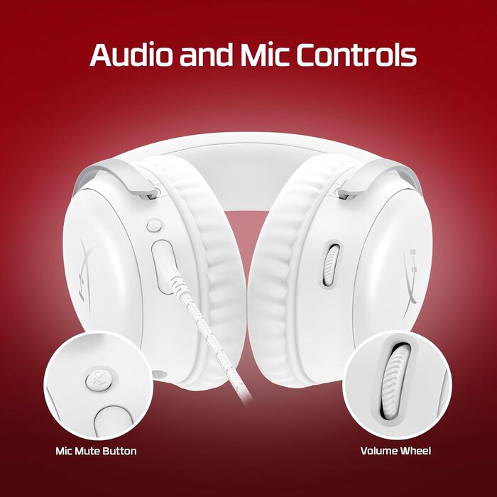 Ігрова гарнітура HyperX Cloud III з провідним підключенням – 53 мм драйвери, піна з пам'яті, DTS, мікрофон з шумозаглушенням, USB-C/USB-A/3,5 мм, для PC, PS5, PS4, Xbox, Switch, Mac – Нова, біла