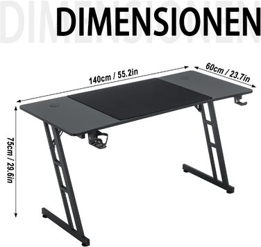 Ігровий стіл YRHome 120x60 см – стіл для комп'ютера з тримачем для напоїв, кабелепроводами та карбоновою поверхнею. Ергономічний стіл для геймерів та офісу, чорний (без LED).