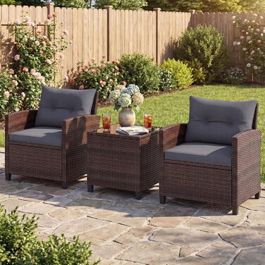 Садовий набір меблів COSTWAY з ротангу 3 предмети: 2 крісла, стіл зі скляною стільницею, подушки. Меблі для балкона, тераси, саду, для 2 осіб, коричнево-сірий