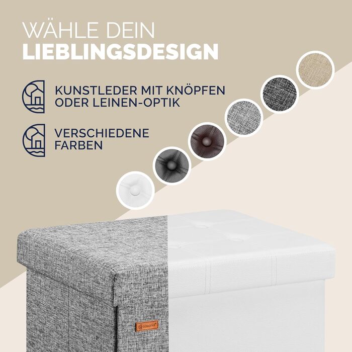 Пуф Casaria® з місцем для зберігання, білий, складний, з м'яким сидінням, 38x38 см. Підходить для спальні, вітальні, передпокою.