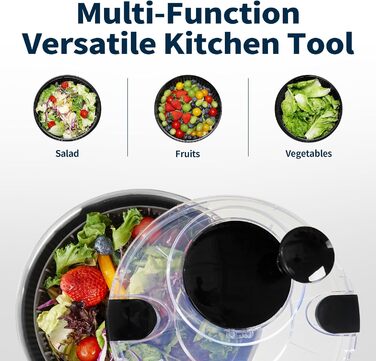 Салатниця-швидкоочисник з нержавіючої сталі 18/10 з ручним приводом та мискою об'ємом 4,5 літра, придатна для миття в посудомийній машині, чорний прозорий кришка