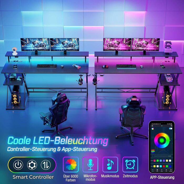 Ігровий стіл SEVEN WARRIOR з LED-підсвічуванням та розетками, з підставкою для монітора, 120 см
