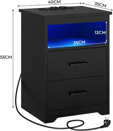 Приліжкова тумба з LED-підсвіткою, зарядною станцією та USB, 2 шухляди, чорна, для спальні та вітальні