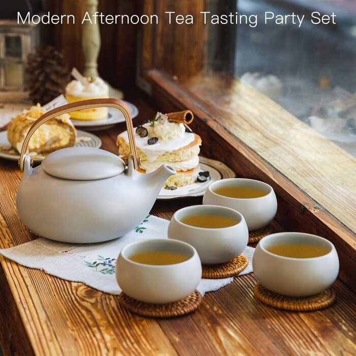 Чайний сервіз Zens порцеляновий з ситечком, 800 мл, матовий японський чайник з дерев'яною ручкою, керамічний білий з 4 чашками і підставкою з ротанга для розсипного чаю в подарунок (10-сірий чайний сервіз-4 чашки)