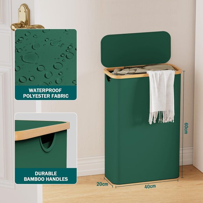 Кошик для білизни Youdenova з кришкою, 48л, вузький, з мішком, сортувальник, бамбук, білий