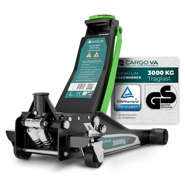 Гідравлічний домкрат CargoVA 3T з низьким профілем (75-505мм) + килимок + 2 гумові накладки | Для SUV та авто з низькою посадкою | Професійний набір для заміни коліс (TÜV)