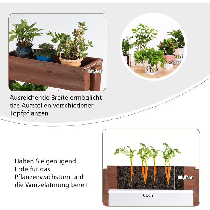 Вертикальна грядка COSTWAY з 3 рівнями, 6 контейнерами для квітів, дерев'яний ящик для тераси, балкона або саду 126x90x115 см (коричневий)
