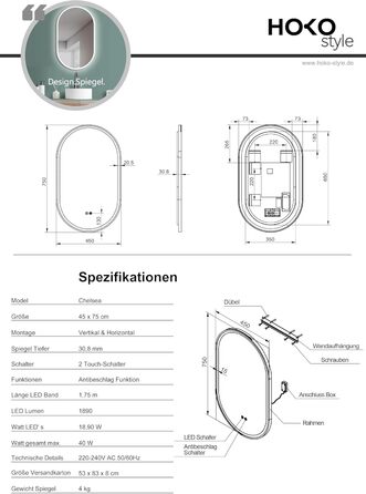 Дзеркало для ванної кімнати HOKO круглої форми 80 см з підсвічуванням, антизапарюванням, рамкою, сенсорним вимикачем з пам'яттю та регулюванням кольору світла (2700-6500K)