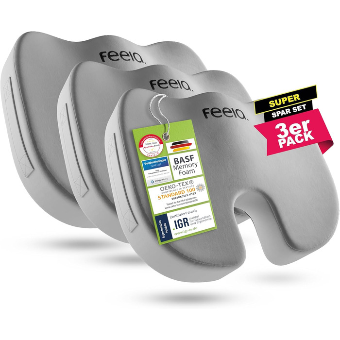 Ортопедична подушка для сидіння Feela® [3 ступені жорсткості] - Ергономічна подушка для офісного крісла та ін. - Зменшує біль, підвищує комфорт, знімає навантаження з куприка (3 шт., Medium) Medium (60-100 кг) Срібна (3 шт.)